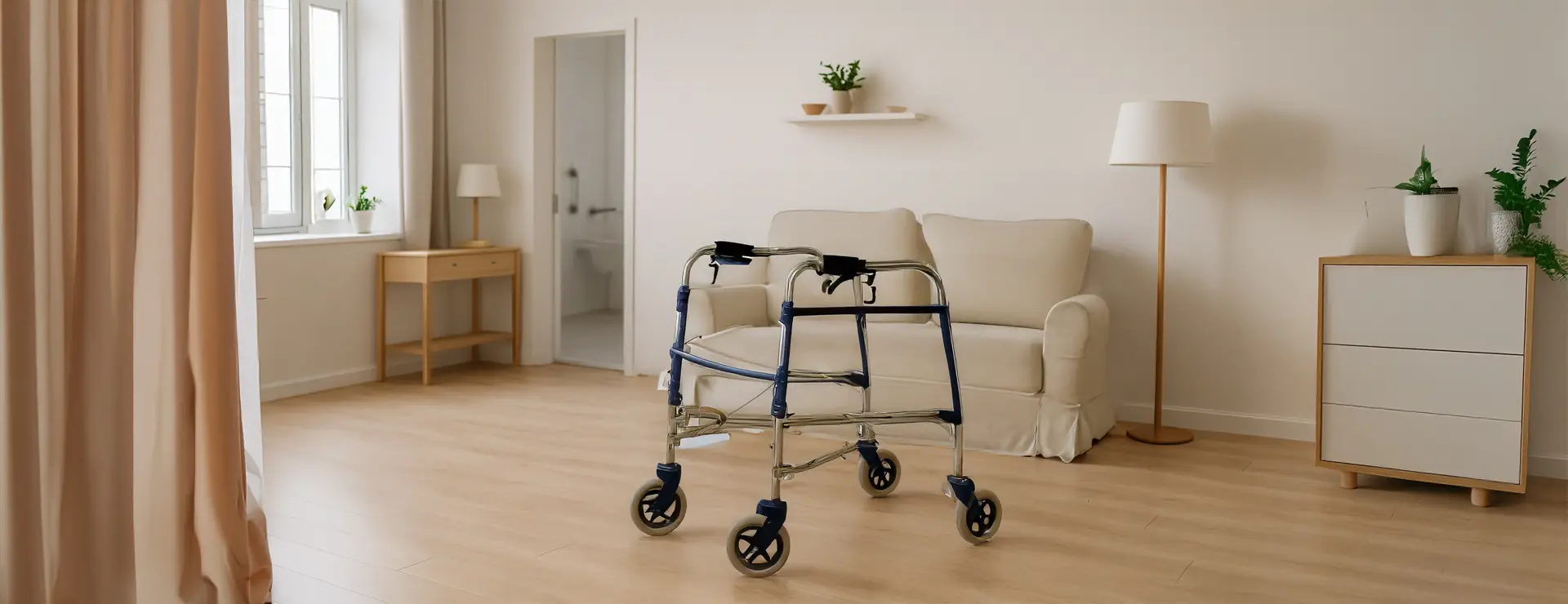 Modern eingerichtetes, barrierefreies Wohnzimmer mit viel Platz und heller Atmosphäre – ideal für sicheres, komfortablesund barrierefreies Wohnen im Alter
