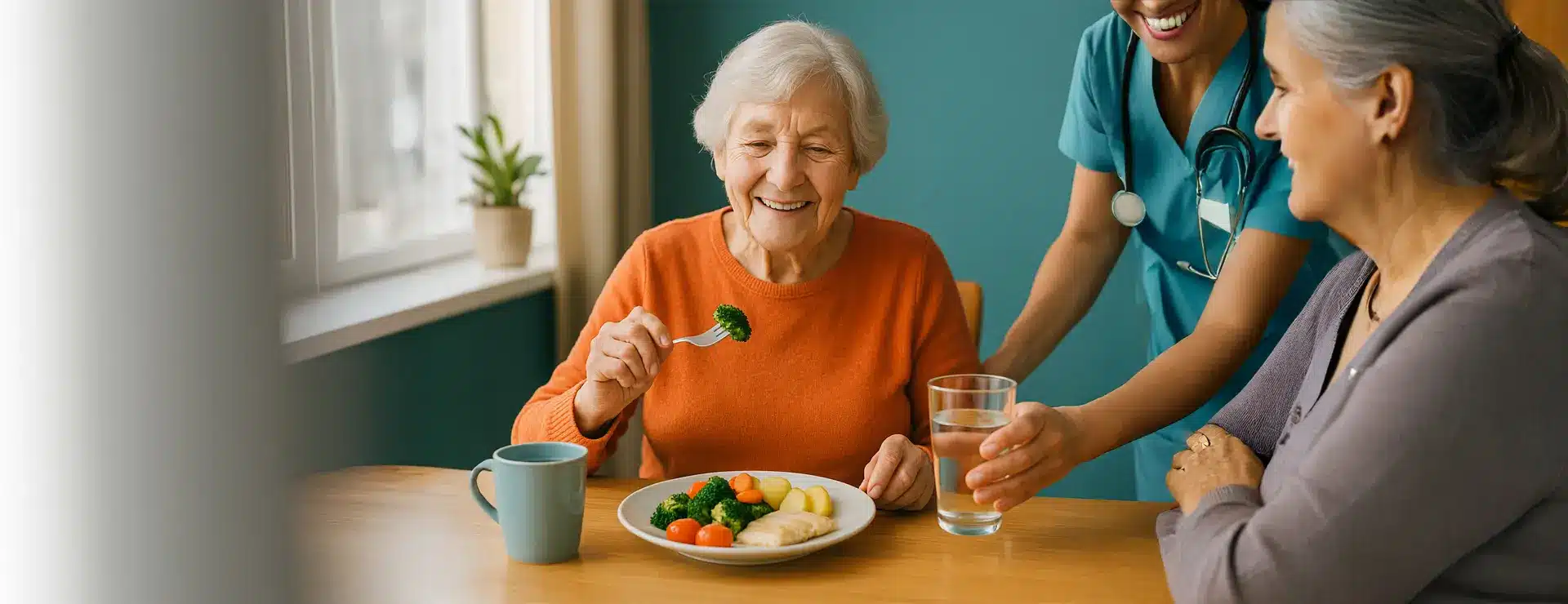 Ältere Frau sitzt am Esstisch und isst lächelnd eine bunte, gesunde Mahlzeit – Symbol für genussvolle Ernährung im Alter
