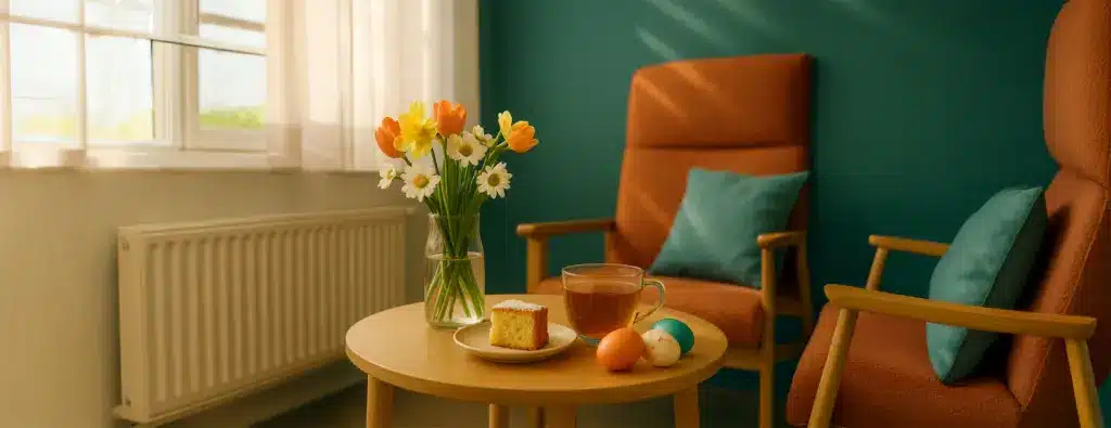 Tisch mit bunten Ostereiern, Blumen und Servietten – Symbol für ein fröhliches Osterfest in der Tagespflege