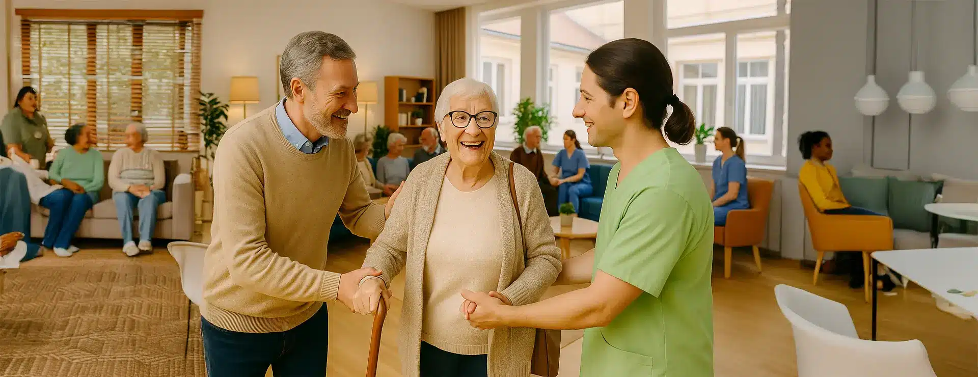 Seniorin wird zur Kurzzeitpflege von Pflegekraft und Angehörigem im hellen Tagesraum begrüßt, freundliche Atmosphäre in moderner Pflegeeinrichtung.