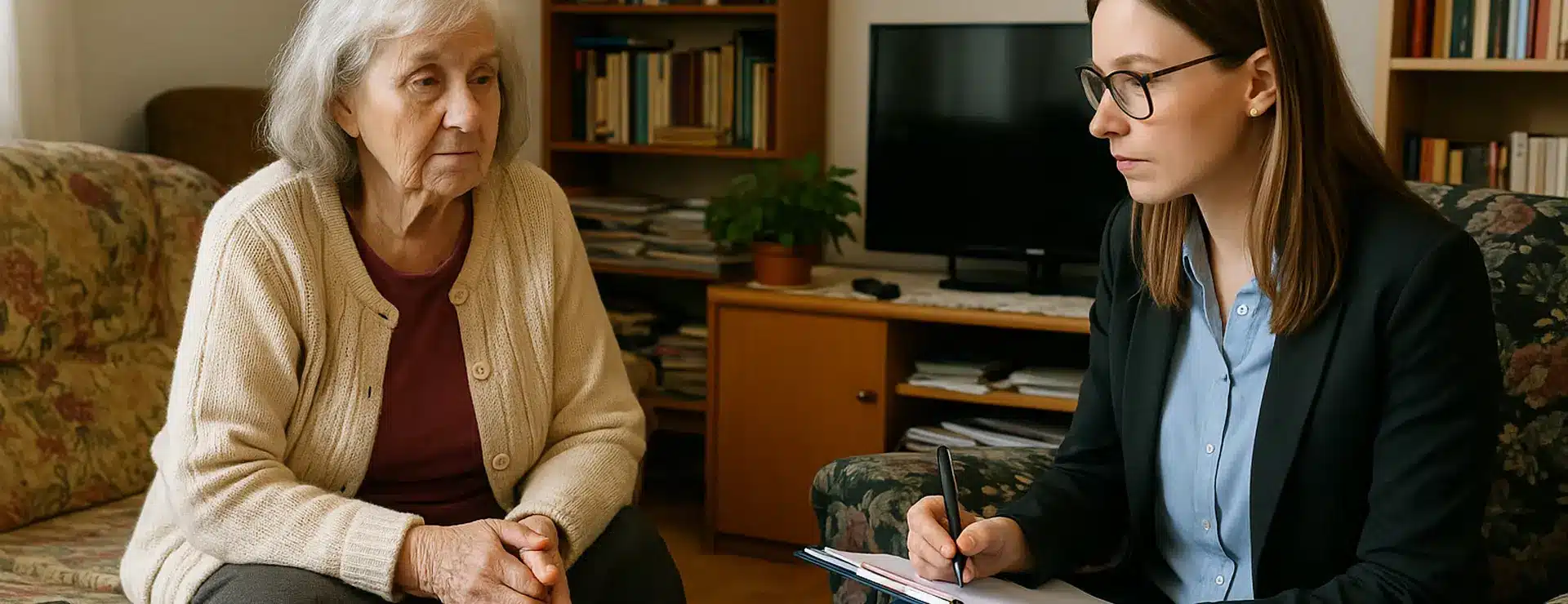 Eine ältere Dame sitzt in ihrem Wohnzimmer und spricht mit einer Gutachterin. Die Gutachterin schaut sie aufmerksam an, während sie Notizen macht. Im Hintergrund sind Bücherregal, Fernseher und typische Möbel einer Seniorin zu sehen.