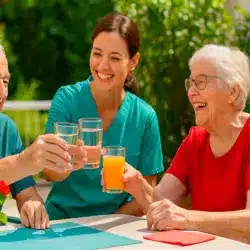 Zwei Senior:innen und eine Betreuungskraft stoßen auf einer sonnigen Terrasse mit Wasser und Saft an; Gemeinschaft, Sommer, Wohlbefinden.