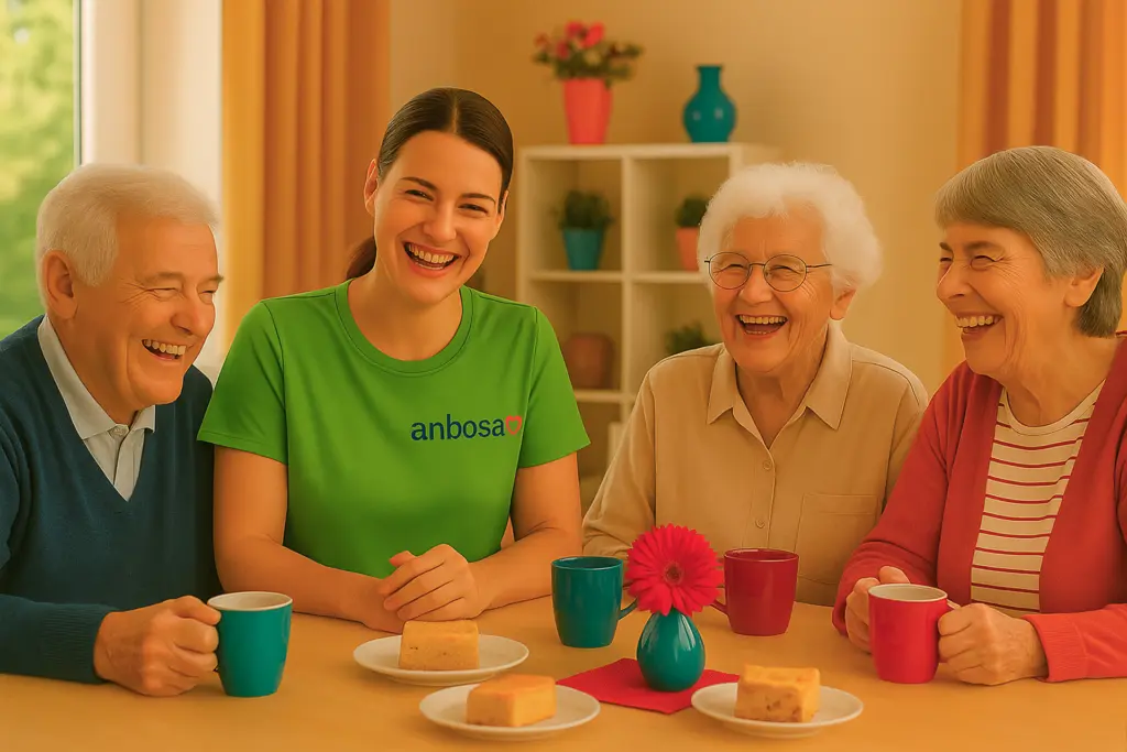 Gemeinschaft erleben in der Tagespflege Berlin – Senioren und Pflegekraft von anbosa Homecare lachen gemeinsam bei Kaffee und Kuchen
