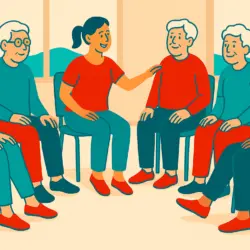 Senioren in einer Tagesgruppe machen gemeinsames Mobilitätstraining im Alter unter Anleitung einer Pflegekraft