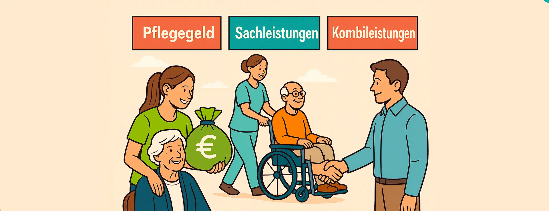 Illustration zu Pflegeleistungen: Pflegegeld, Sachleistungen und Kombileistungen verständlich erklärt