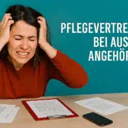 Verzweifelte Angehörige am Schreibtisch, die Pflegevertretung sucht