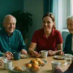 Seniorinnen und Senioren mit Betreuungskraft beim gemeinsamen Frühstück im Probetag Tagespflege Berlin Palisadenstraße