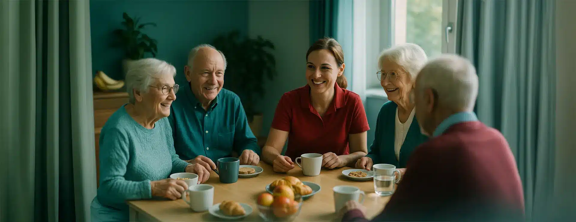 Seniorinnen und Senioren mit Betreuungskraft beim gemeinsamen Frühstück im Probetag Tagespflege Berlin Palisadenstraße