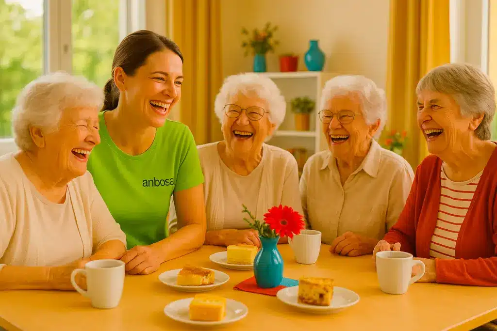Mehrere Seniorinnen und Senioren sitzen mit einer Pflegekraft beim Kaffee zusammen und lachen herzlich in der anbosa Homecare Tagespflege Berlin Palisadenstraße.