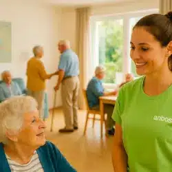 Schnuppertag Tagespflege Palisadenstraße: Pflegekraft im grünen anbosa-Shirt spricht mit Seniorin, Tagespflegegäste im Hintergrund beim Kennenlernen