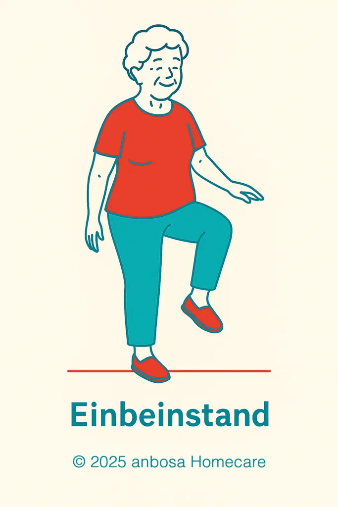 Einbeinstand: Seniorin übt Balance – Sturzprophylaxe im Alter