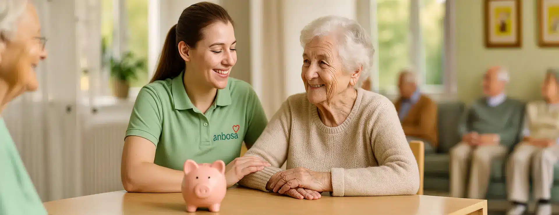 Tagespflege Kosten: Pflegekraft im hellgrünen Poloshirt lächelt Seniorin an, im Vordergrund ein rosafarbenes Sparschwein.