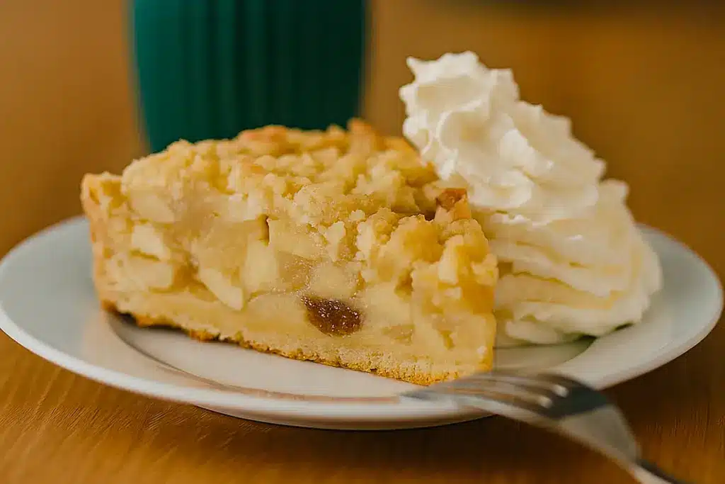 Ein Stück Apfel-Streuselkuchen mit Rosinen, Sahne und Kuchengabel auf weißem Teller, serviert zum Nachmittagskaffee in der Tagespflege Palisadenstraße.