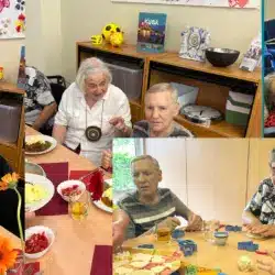Collage: Gäste und Mitarbeitende beim gemeinsamen Frühstück, Basteln, Mittagessen und Entspannen beim Schnuppertag in der Tagespflege Palisadenstraße