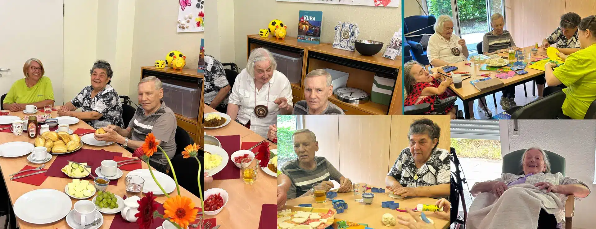 Collage: Gäste und Mitarbeitende beim gemeinsamen Frühstück, Basteln, Mittagessen und Entspannen beim Schnuppertag in der Tagespflege Palisadenstraße