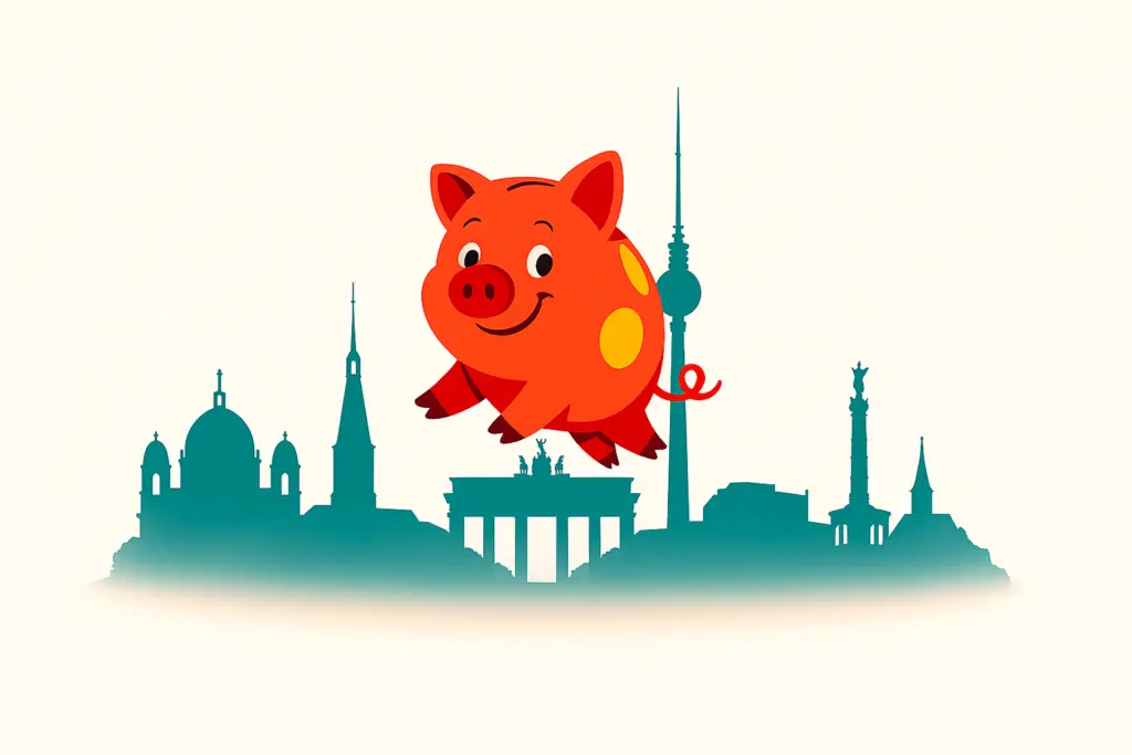 Buntes Sparschwein, das freudig vor der stilisierten Berliner Skyline von links nach rechts springt
