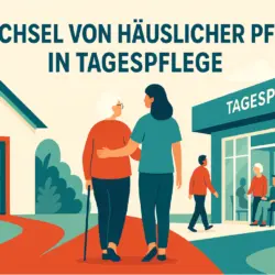 Symbolbild für den Wechsel von häuslicher Pflege in die Tagespflege: Seniorin wird von Angehöriger zur Tagespflege-Einrichtung begleitet, Farben Petrol und Rot.
