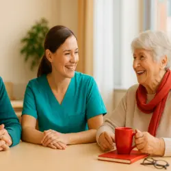 Zwei Senior*innen und eine Betreuungskraft sitzen lachend an einem Tisch in der Tagespflege – Symbol für Tagesstruktur und Gemeinschaft