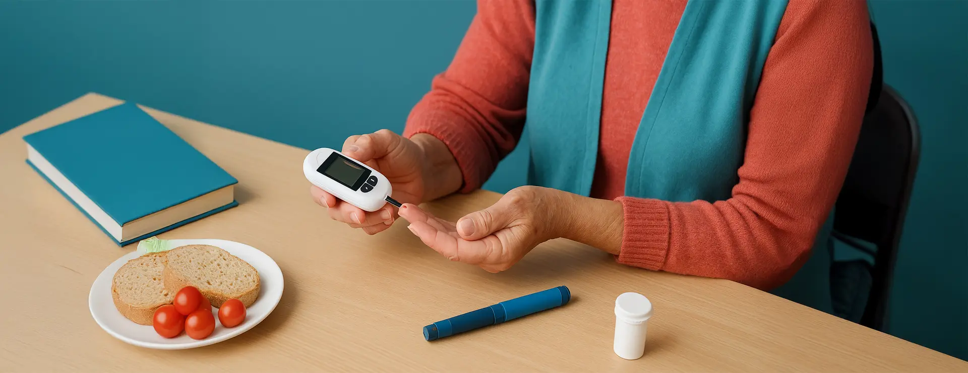 Pflegekraft misst Blutzucker bei Seniorin in freundlicher Tagespflege – Symbolbild für sichere Betreuung bei Diabetes