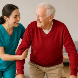 Pflegekraft unterstützt Senior bei Bewegungsübung in heller Tagespflege – Symbolbild für sichere und herzliche Parkinson-Betreuung