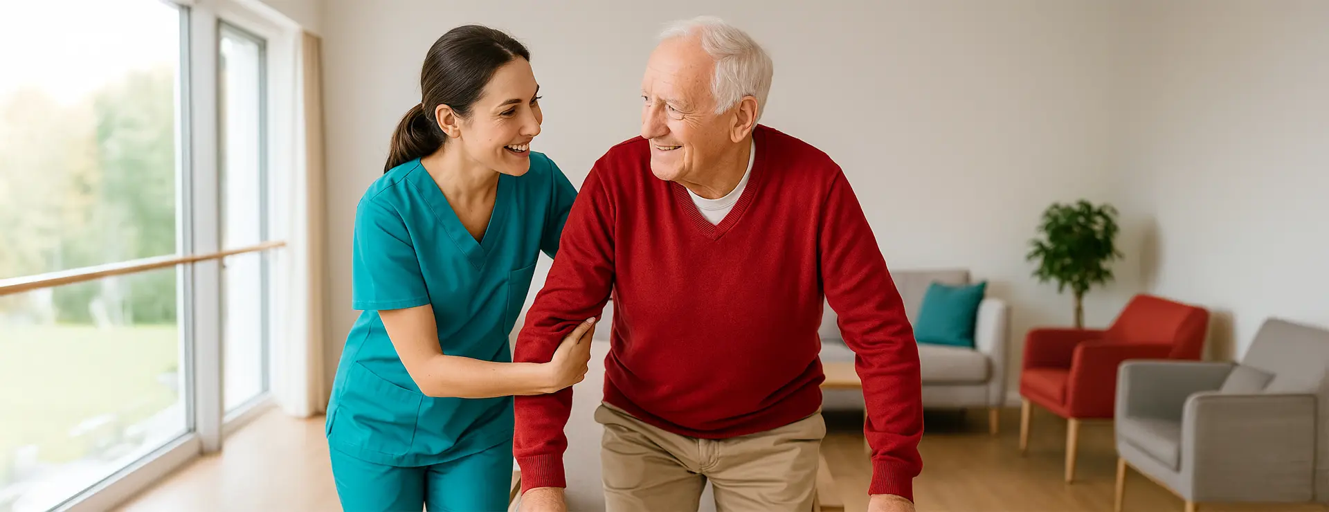 Pflegekraft unterstützt Senior bei Bewegungsübung in heller Tagespflege – Symbolbild für sichere und herzliche Parkinson-Betreuung