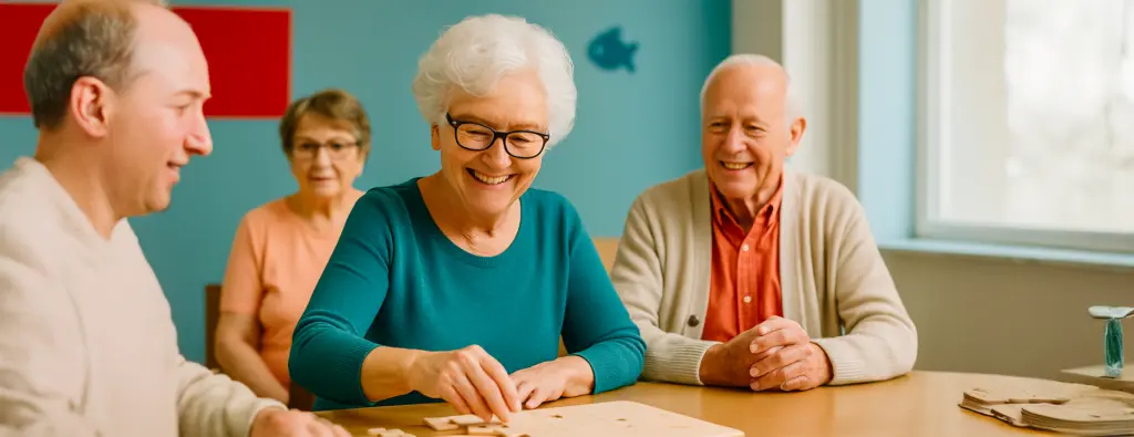 Ein Bild von vier älteren, kaukasischen Menschen, die in einer Tagespflegeeinrichtung an einer kreativen Aktivität teilnehmen, wobei eine Frau mit einem Puzzle arbeitet.