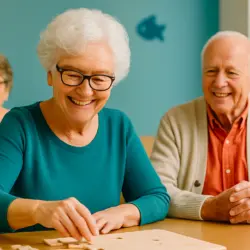 Ein Bild von vier älteren, kaukasischen Menschen, die in einer Tagespflegeeinrichtung an einer kreativen Aktivität teilnehmen, wobei eine Frau mit einem Puzzle arbeitet.