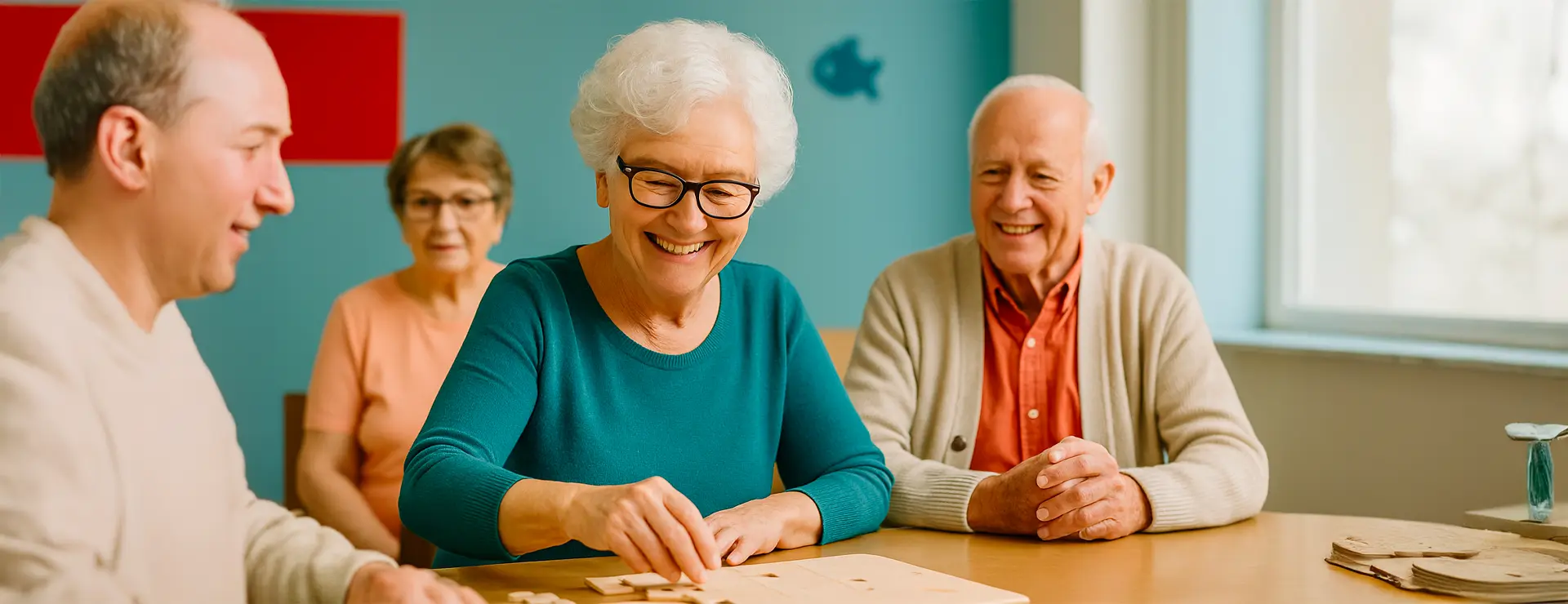 Ein Bild von vier älteren, kaukasischen Menschen, die in einer Tagespflegeeinrichtung an einer kreativen Aktivität teilnehmen, wobei eine Frau mit einem Puzzle arbeitet.