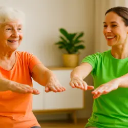 Tagespflege bei koronarer Herzkrankheit – Seniorin macht Bewegungsübungen mit Pflegekraft in Berlin