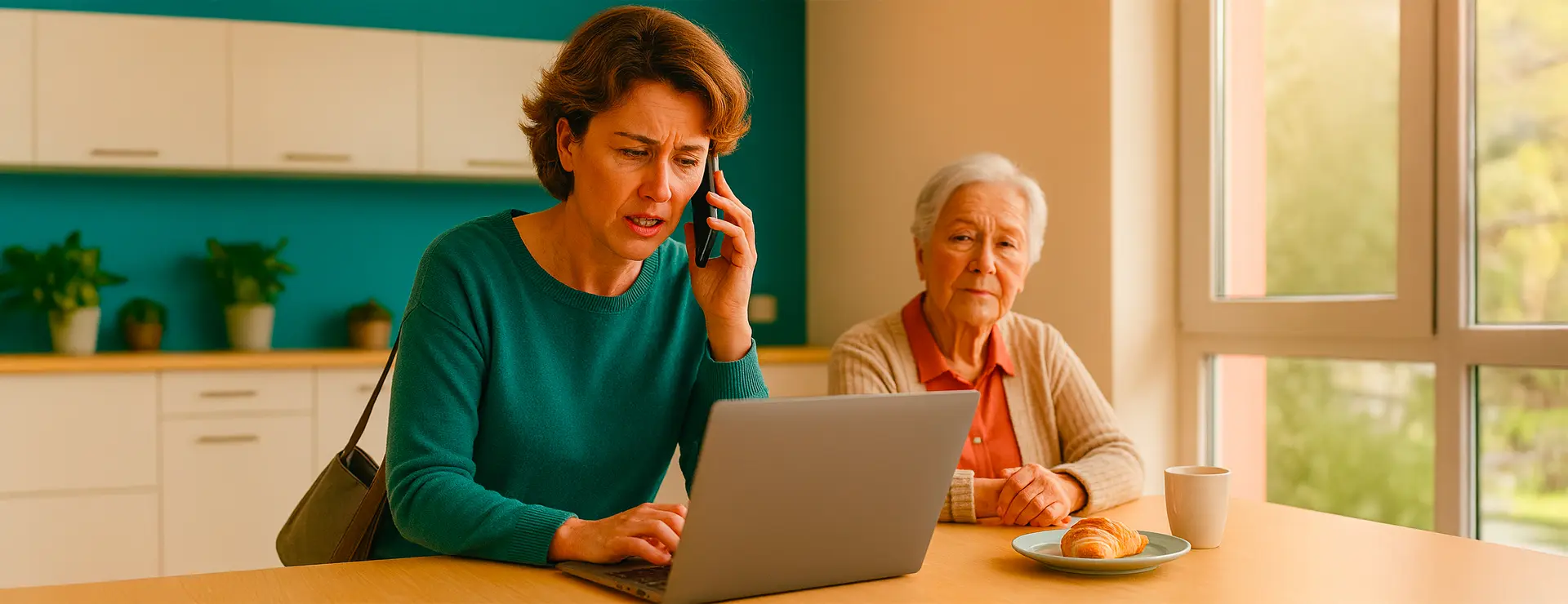 Berufstätige Tochter arbeitet hektisch am Laptop und telefoniert, während die Mutter allein am Frühstückstisch sitzt – Symbol für Entlastung durch Tagespflege