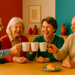 Mehrere Senior:innen sitzen in der Tagespflege an einem hellen Tisch, lachen und stoßen mit Kaffee an – Gemeinschaft kann ein langes Leben fördern.
