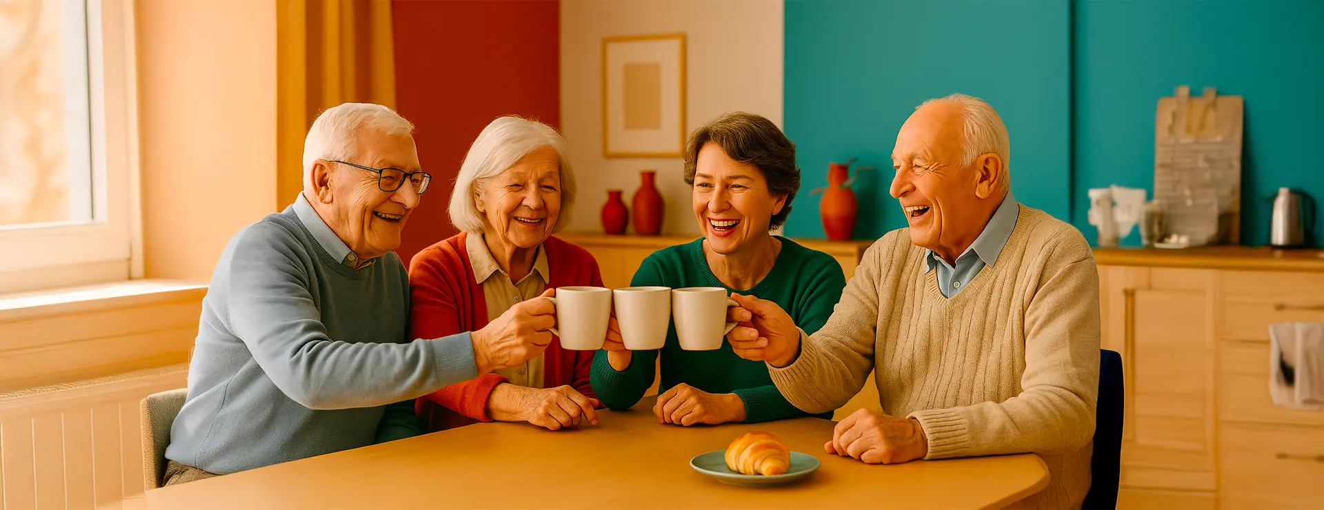 Mehrere Senior:innen sitzen in der Tagespflege an einem hellen Tisch, lachen und stoßen mit Kaffee an – Gemeinschaft kann ein langes Leben fördern.