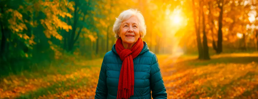 Seniorin mit rotem Schal und türkiser Jacke beim herbstlichen Spaziergang im goldenen Licht – Symbol für starke Abwehrkräfte im Alter.