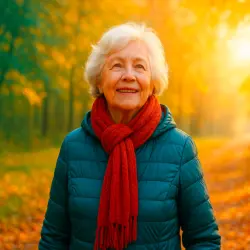 Seniorin mit rotem Schal und türkiser Jacke beim herbstlichen Spaziergang im goldenen Licht – Symbol für starke Abwehrkräfte im Alter.