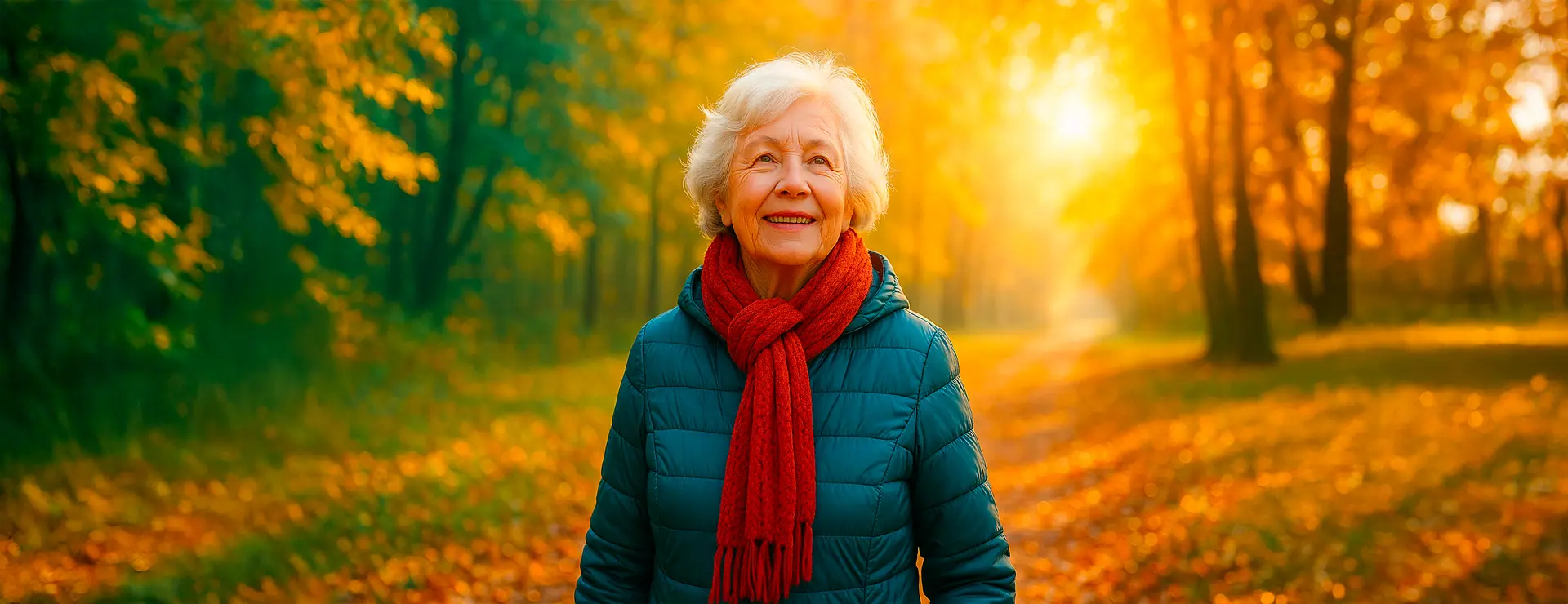 Seniorin mit rotem Schal und türkiser Jacke beim herbstlichen Spaziergang im goldenen Licht – Symbol für starke Abwehrkräfte im Alter.
