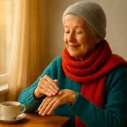 Ältere Frau mit Schal trägt Handcreme auf – Symbol für sanfte Hautpflege im Alter und Wohlbefinden im Winter.