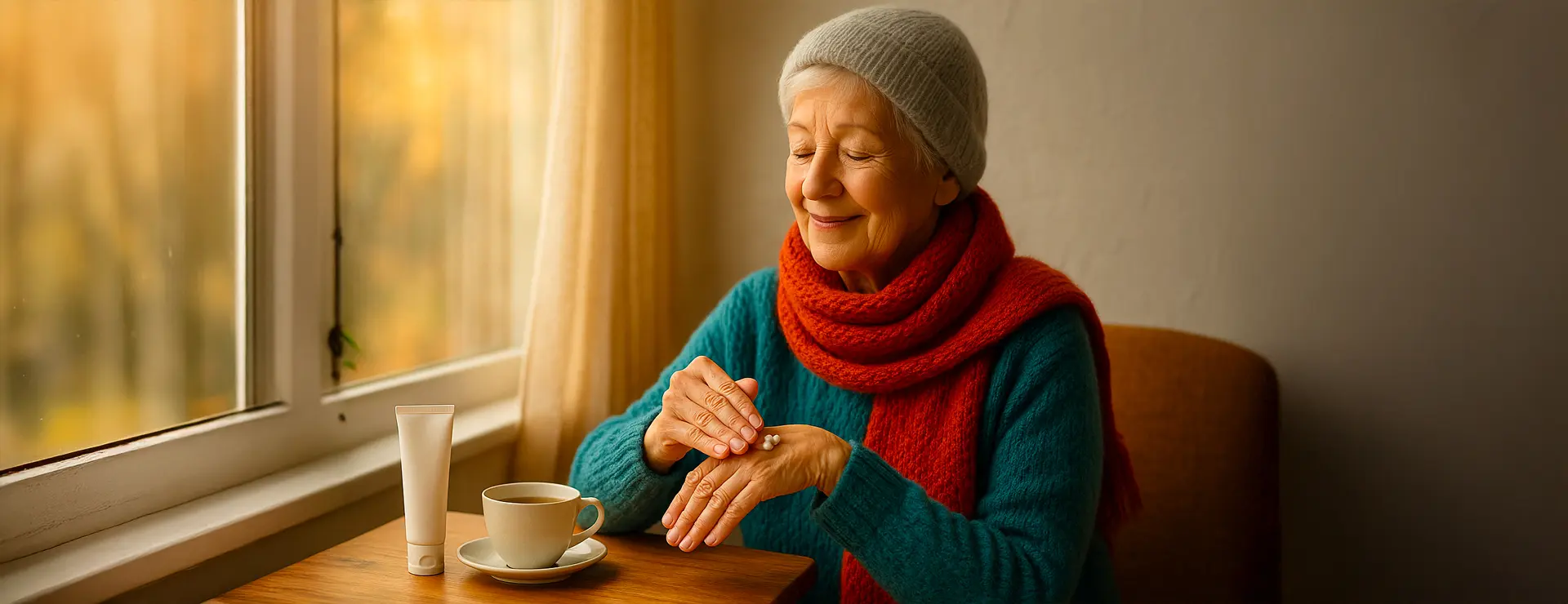 Ältere Frau mit Schal trägt Handcreme auf – Symbol für sanfte Hautpflege im Alter und Wohlbefinden im Winter.