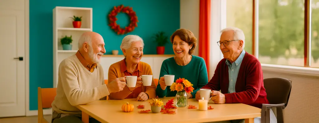 Seniorinnen und Senioren feiern gemeinsam ein jahreszeitliches Fest in der Tagespflege Berlin – Gemeinschaft, Freude und Struktur bei anbosa Homecare.