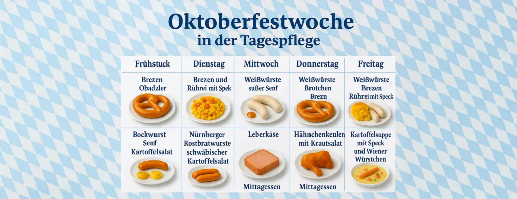 Oktoberfestwoche in der Tagespflege Palisadenstraße – bayerische Spezialitäten wie Brezen, Weißwürste und Leberkäse für Seniorinnen und Senioren