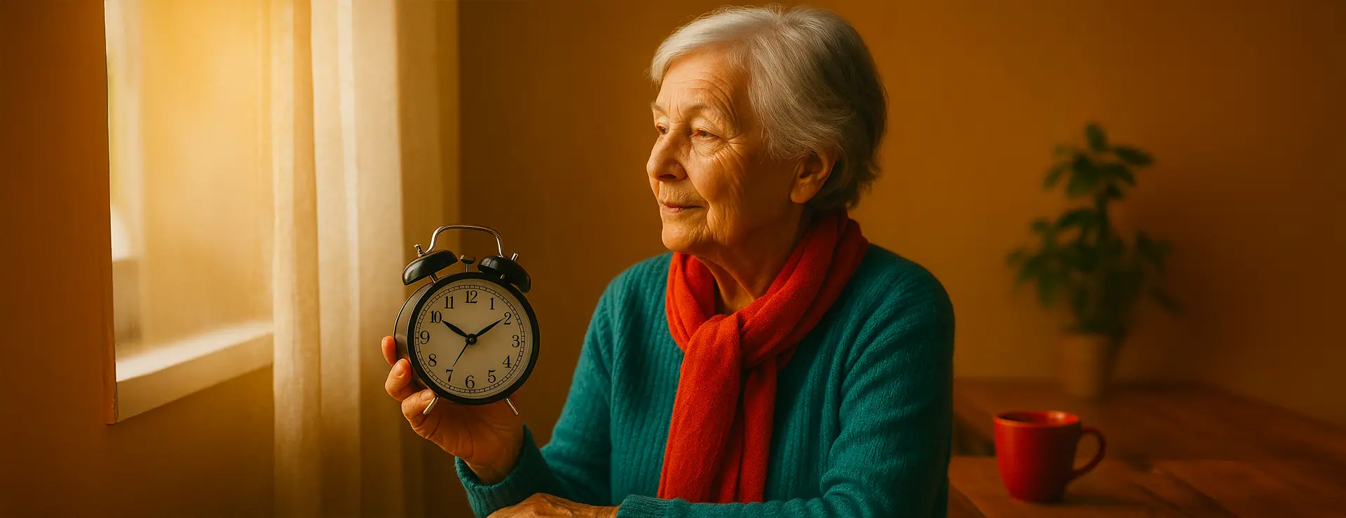 Seniorin hält eine Uhr und wirkt ruhig – Symbol für die Uhrzeitumstellung im Alter und eine sanfte Anpassung des Tagesrhythmus.