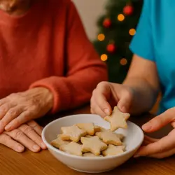 Seniorin und Pflegekraft reichen sich zuckerfreie Weihnachtsplätzchen – Symbolbild für Diabetes Weihnachtszeit und bewussten Genuss in der Tagespflege.