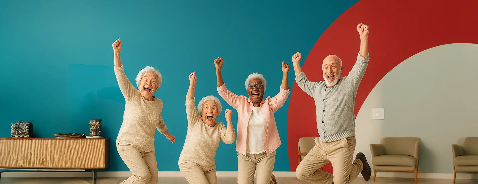 Vier fröhliche Seniorinnen und Senioren springen vor farbigem Hintergrund – Freude über sinkende Investkosten der Tagespflege Palisadenstraße ab 2026.