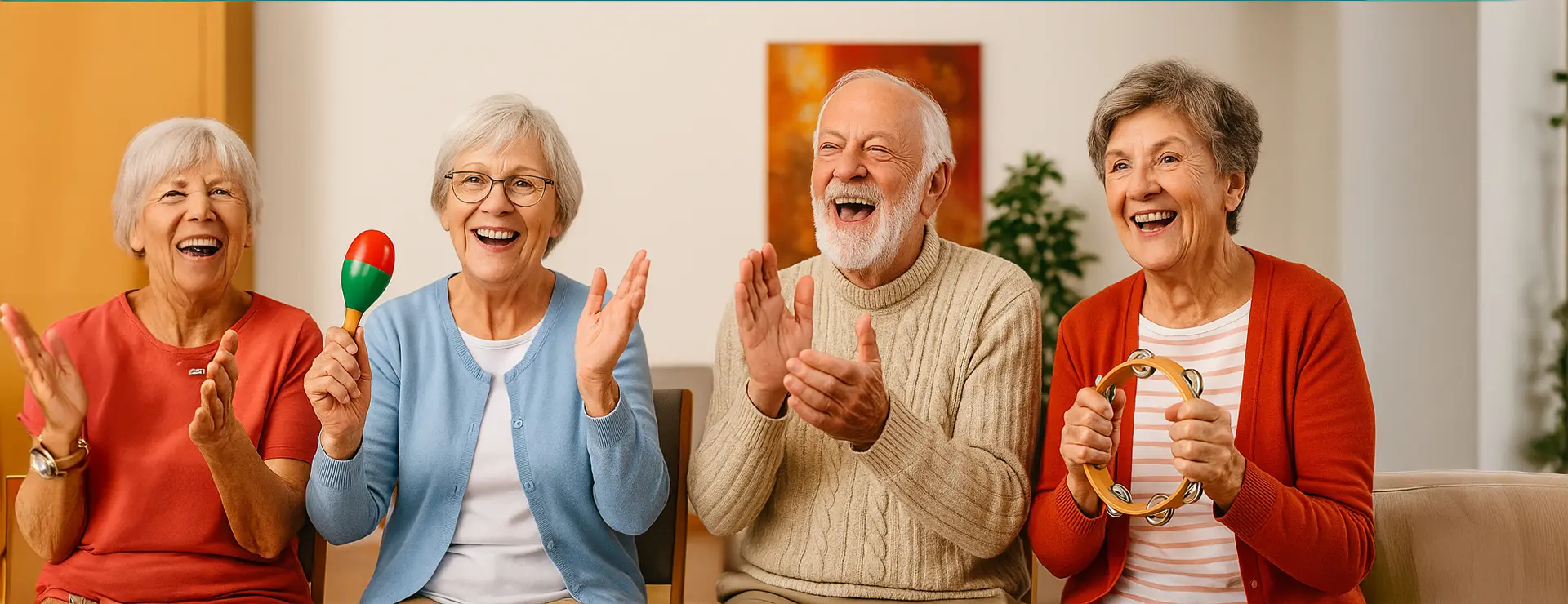 Senioren-Gruppe mit kleinen Musikinstrumenten beim Klatschen und Singen – Gemeinschaft durch Musik in der Tagespflege.
