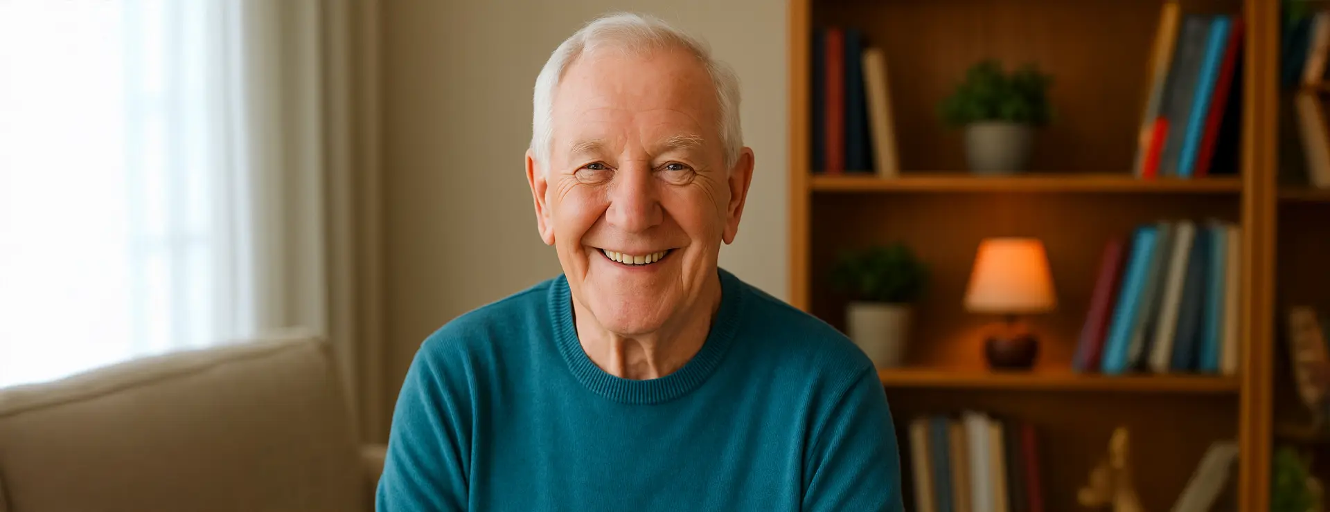 Portrait eines lächelnden Senioren in einer warmen Umgebung – Symbol für Pflege mit Herz und wertschätzende Betreuung im Alter.