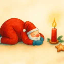 Aquarellbild eines ruhenden Weihnachtsmanns neben einer leuchtenden ersten Adventskerze, warm und freundlich gestaltet.