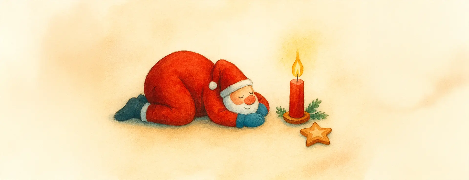 Aquarellbild eines ruhenden Weihnachtsmanns neben einer leuchtenden ersten Adventskerze, warm und freundlich gestaltet.