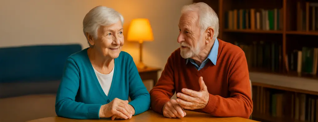 Zwei Senioren im Gespräch an einem Tisch, warme Lichtstimmung – Symbol für Zuhören mit Herz und wertschätzende Gespräche in der Pflege.
