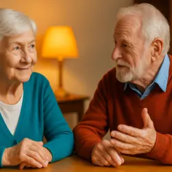 Zwei Senioren im Gespräch an einem Tisch, warme Lichtstimmung – Symbol für Zuhören mit Herz und wertschätzende Gespräche in der Pflege.