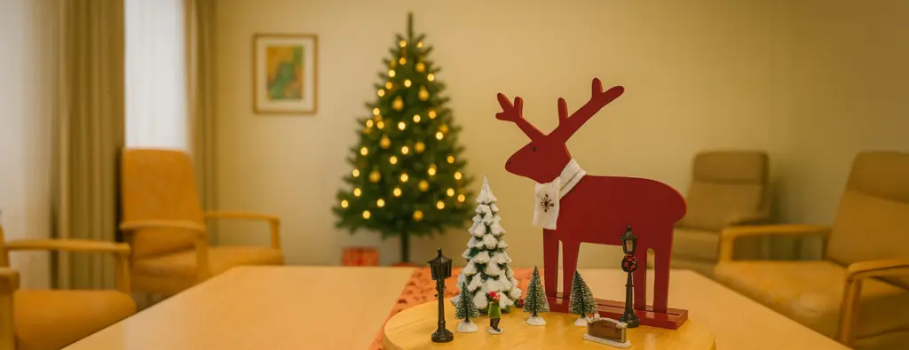 Weihnachtlich dekorierter Ruheraum der Tagespflege Palisadenstraße mit Weihnachtsbaum und Tischarrangement