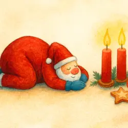 Aquarellbild eines ruhenden Weihnachtsmanns neben zwei leuchtenden Adventskerzen, warm und freundlich gestaltet.